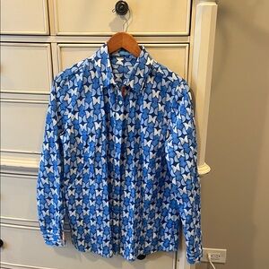 J. McLaughlin Blue and White Patterned Blouse